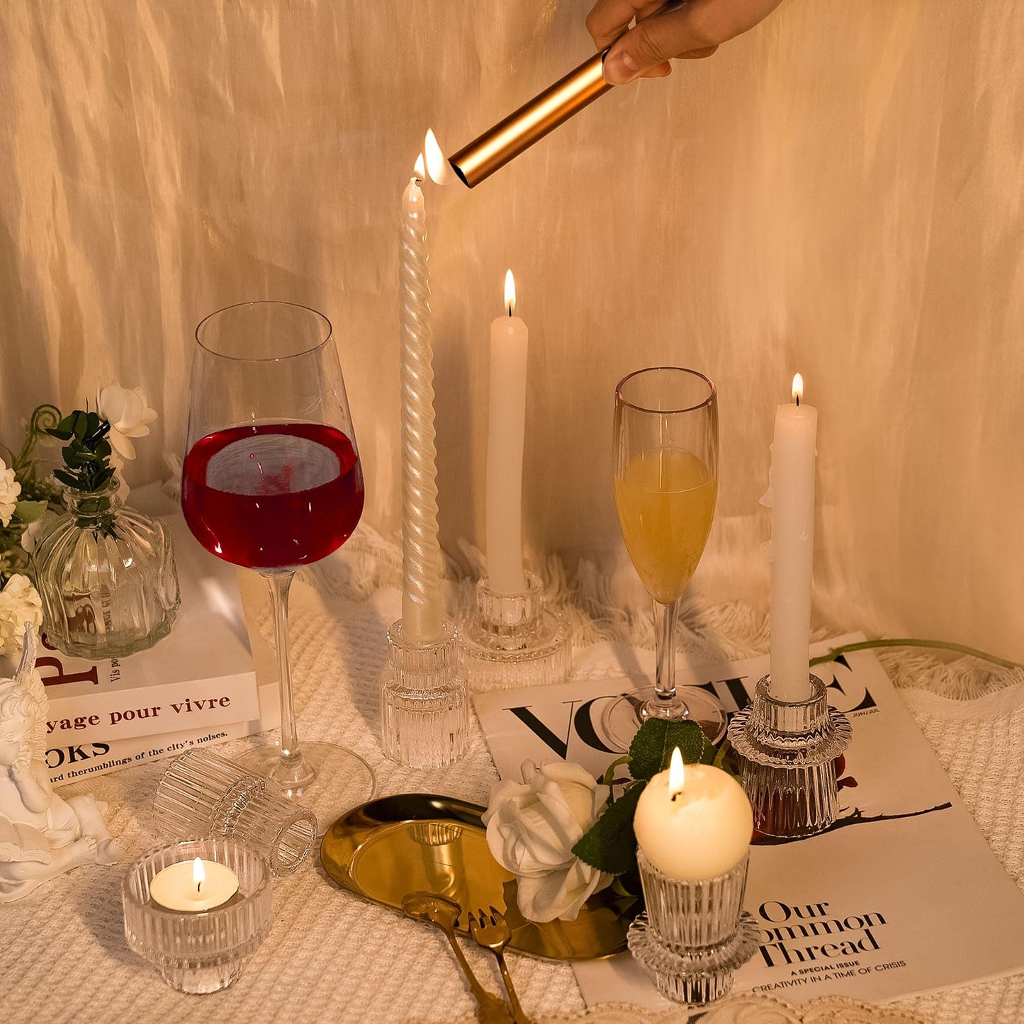 Toptime Candlestick Holders Set of 6, Ribbed Glass Taper Candle Holders, Reversible Clear Tealight & Candle Stick Candle Holder Vintage Crystal Tealight Candle Holder for Wedding Dinner Party