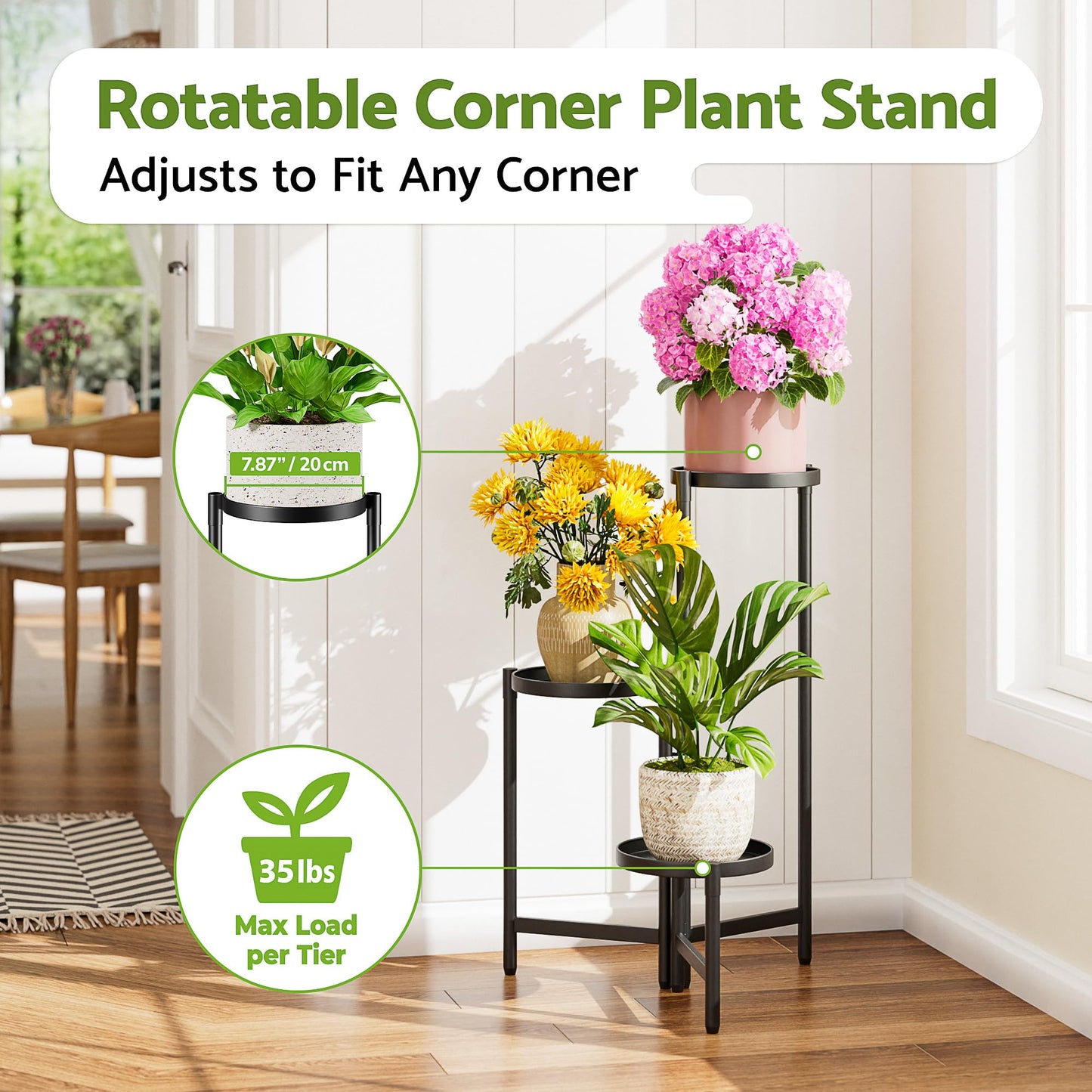NQW 3 Tier Large Plant Stand Indoor with 7.9 Inch Wide Tray, Tiered Corner Metal Outdoor Flower Holder Stand, Folding Tall Rack for Display Shelf for Patio Porch Balcony - BlackDisk