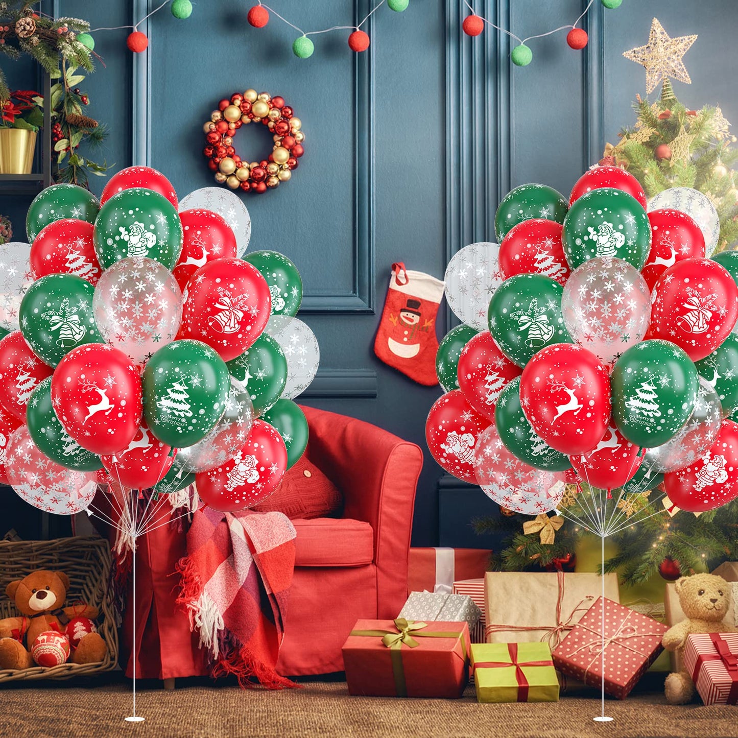 50pcs Red Green Latex Balloons with Christmas Bell Elk Tree Printing Snowflake Confetti for Christmas Party Decorations New Year Holiday Xmas Supplies