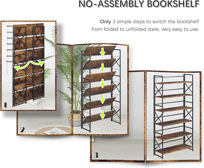 4NM Extra Wide 6 Tiers No Assembly Book Shelves, 61.8" H Folding Bookshelf