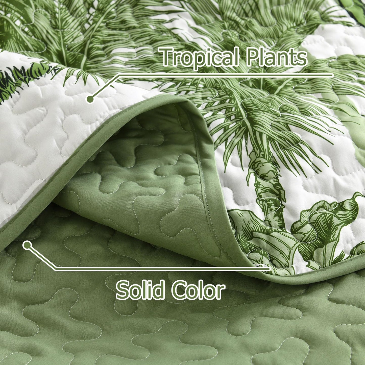 Luxudecor Tropical Plants Quilt Set King Size 3 Pieces Green Palm Botanical Bedspread Rainforest Style Bedding Set Soft Lightweight Bed Cover All Season 104"x90"