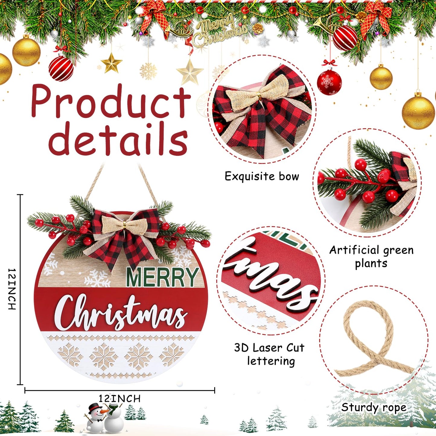 HOURIA 3D Merry Christmas Front Door Sign,11.5” Red Buffalo Plaid Christmas Wreaths with Snowflake Bow Red Berry Rustic Farmhouse Xmas Holiday Welcome Door Decorations for Home Indoor Outdoor Party