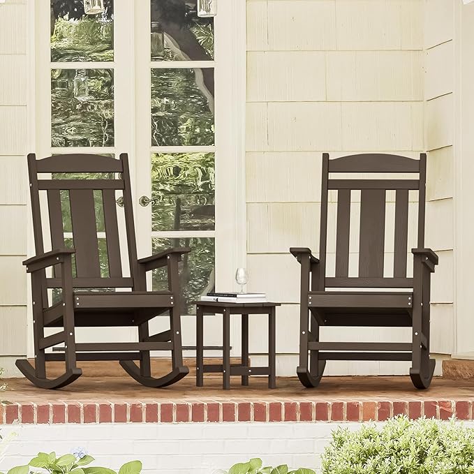 LUE BONA Outdoor Rocking Chairs Set, 3-Piece, Poly Porch Rockers with Table, Plastic Weather Resistant Rocking Chair Set for Outdoor Indoor, Garden, Backyard, 350lb, Brown, Chairs+Table