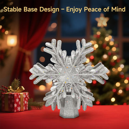 Christmas Tree Topper Lighted with Built-in LED Rotating Snowflake Projector, 3D Hollow Glitter Silver Snowflake Tree Topper for Xmas Party Holiday Christmas Decorations