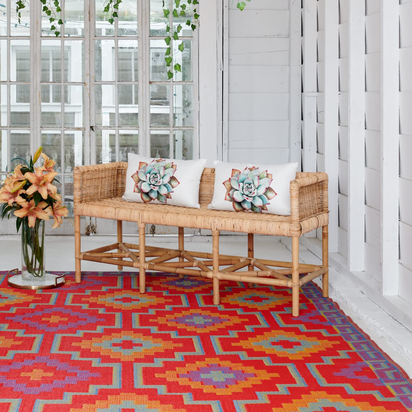 Fab Habitat Outdoor Rug - Waterproof, Fade Resistant, Crease-Free - Premium Recycled Plastic - Vintage Boho Kilim - Large Patio, Deck, Sunroom, Camping, RV - Lhasa - Orange & Violet - 6 x 9 ft