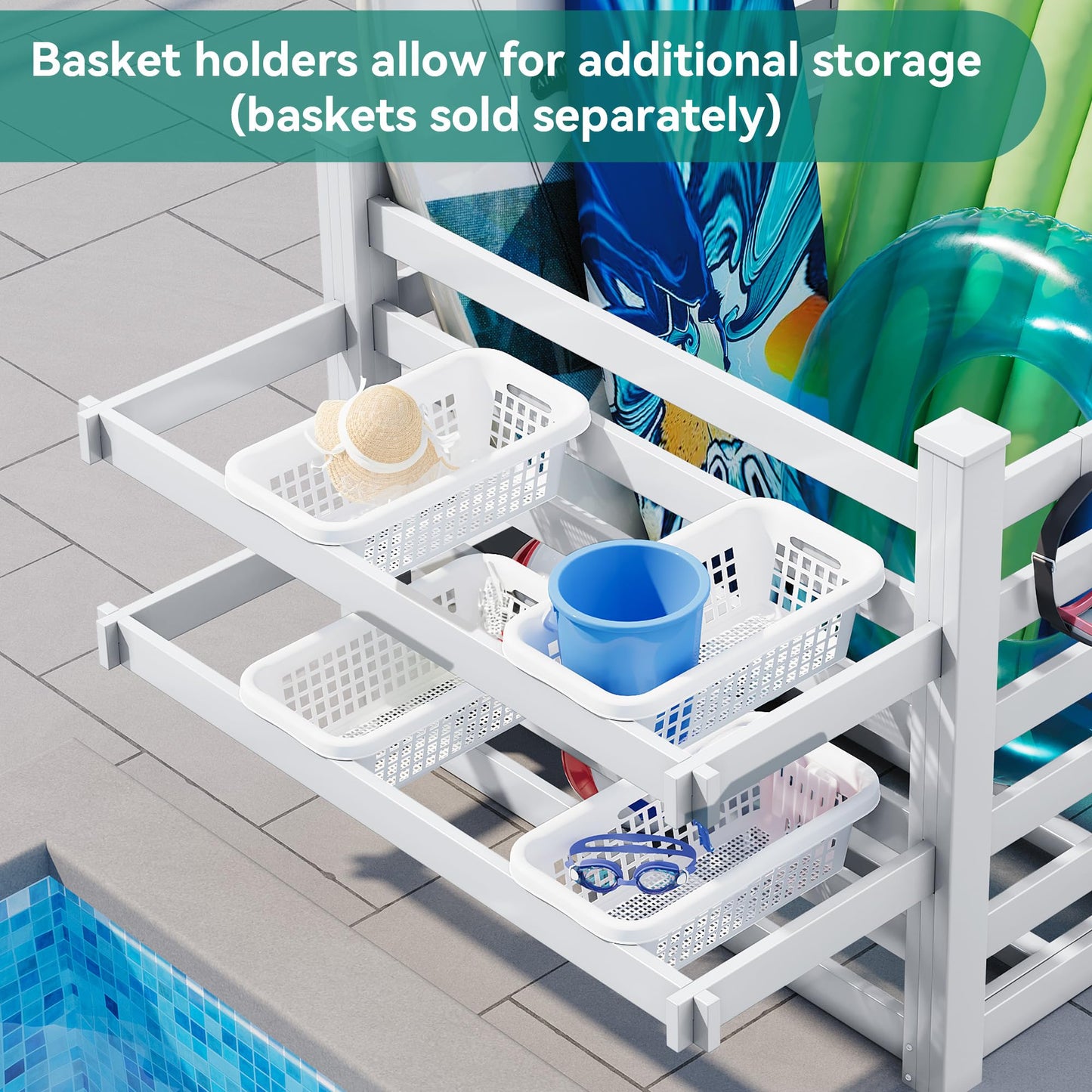YITAHOME 64" W x 47" L x 39" H Poolside Deckbox Storage Organizer with 6 Movable Hooks, Outdoor Waterproof Pool Storage Bins