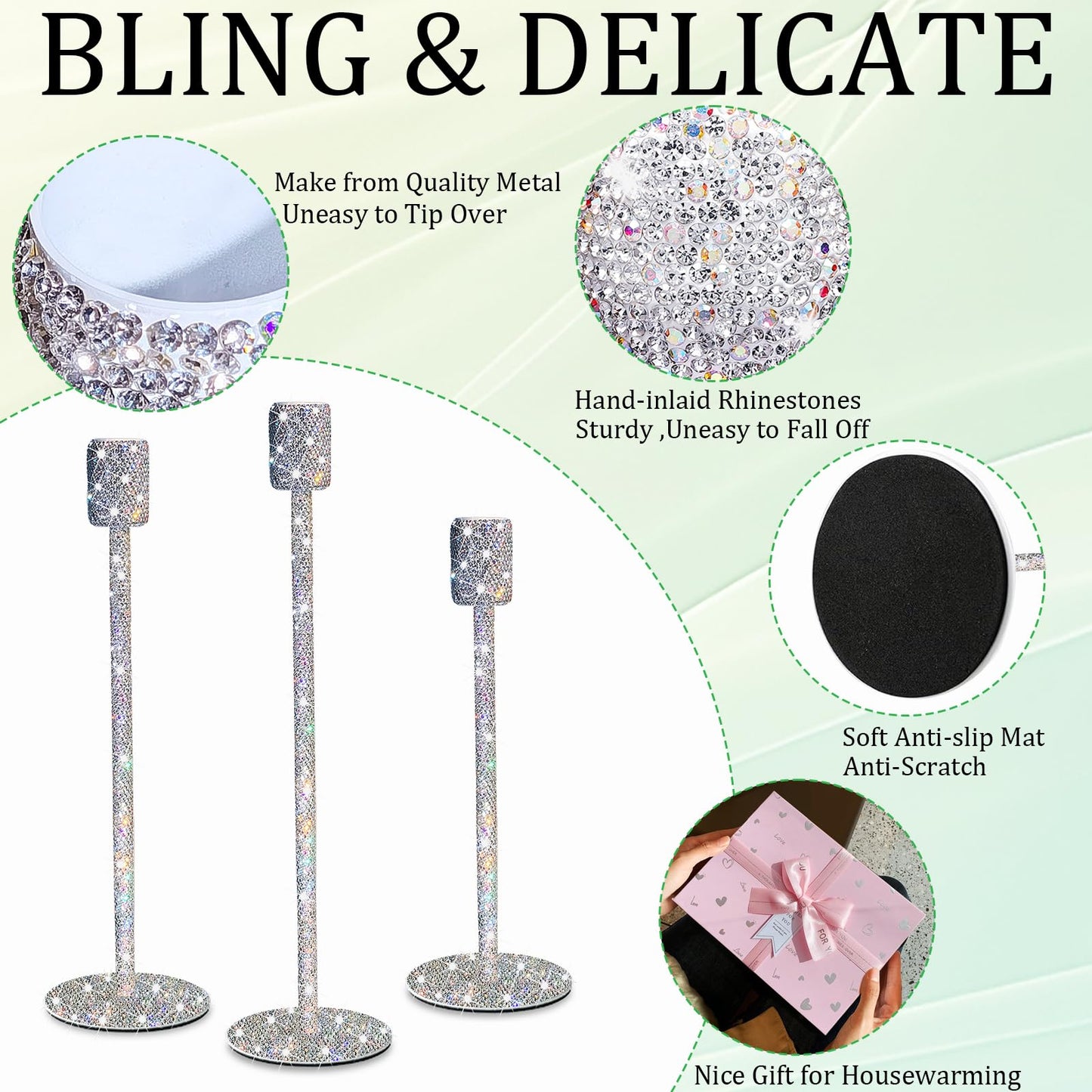 SlowVibes Bling Candlestick Holders Set of 3,White Crystal Rhinestone Tall Taper Candle Holders,Crushed Diamond Home Decor,Decorative Centerpiece for Table Mantel Wedding Fireplace,Housewarming Gift