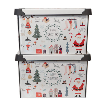 Simplify “Happy Christmas” Design Storage Bin | Christmas Tote | Holiday Décor Decorations Organizer | Lidded | Stackable | White