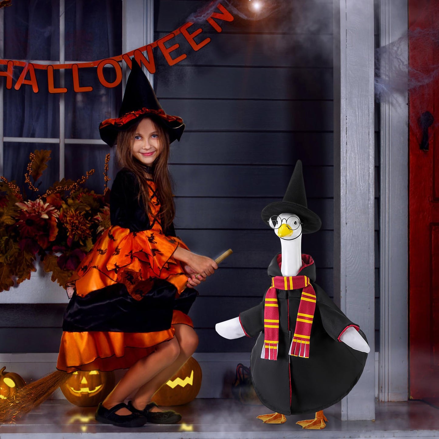 Watayo 4 Pcs/Set Christmas Wizard Goose Outfits, Lawn Porch Goose Statue Wizard Costume, Garden Goose Witch Clothes with Hat Scarf Glasses for 23" Statue Christmas Fall Outdoor Patio Yard Decor