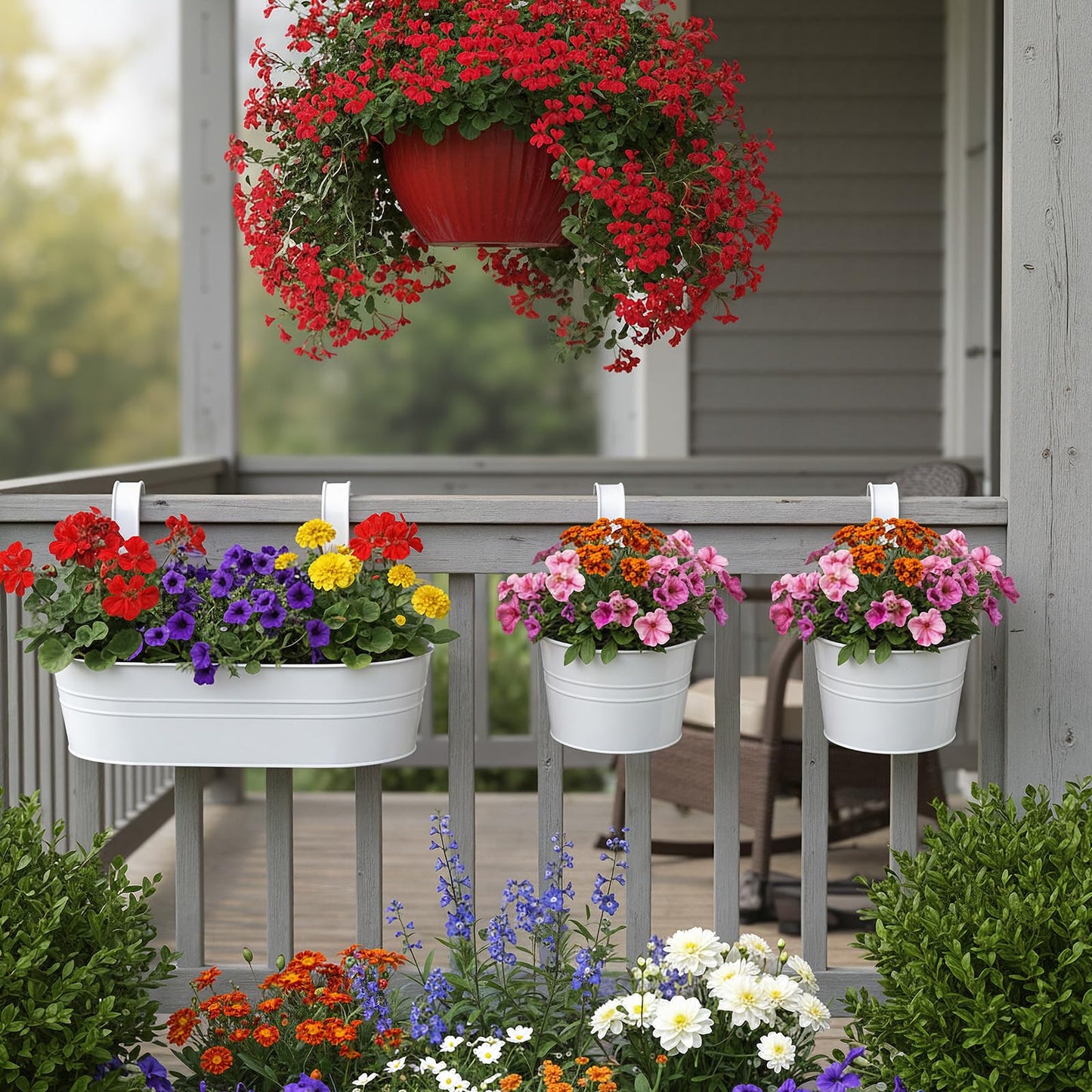Romooa 16 Pcs Hanging Flower Pots Planters for Outdoor Metal Iron Wall Flower Planter Baskets for Railing Fence Balcony Garden Yard Home Indoor Decoration with Detachable Hooks(White)