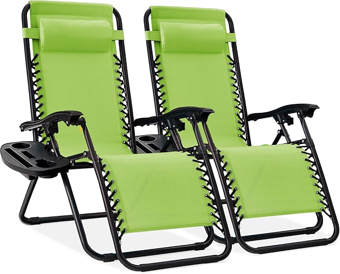 Best Choice Products Set of 2 Adjustable Steel Mesh Zero Gravity Lounge Chair Recliners w/Pillows and Cup Holder Trays - Lime Green