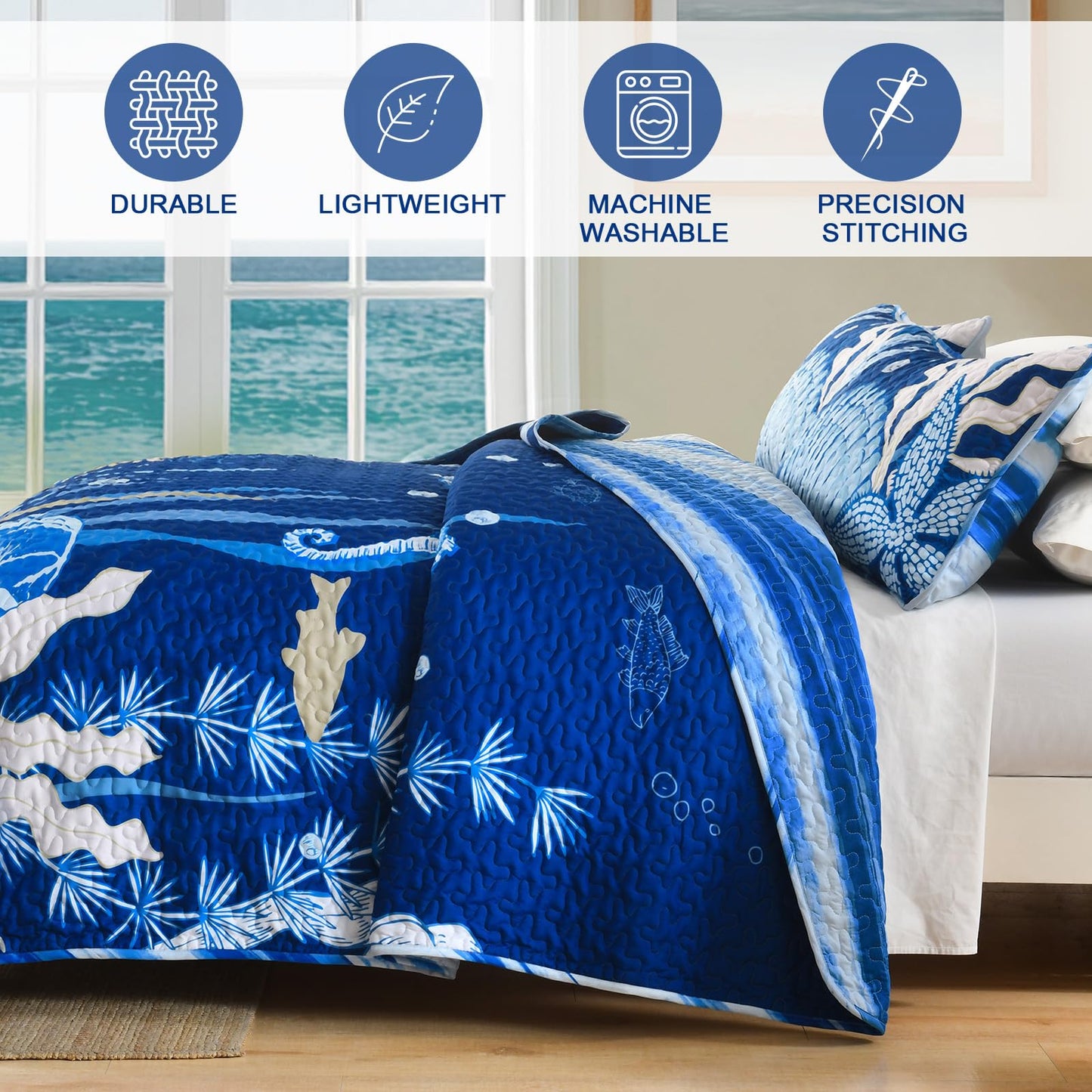 DJY Coastal Quilt Set Queen Size 3 Piece, Beach Theme Pattern Quilted Blanket Thin Reversible Microfiber Bedding Lightweight Soft Bedspread Coverlet Sets for All Season (1 Quilt, 2 Pillow Shams)