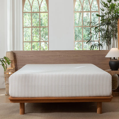 MooMee Striped Fitted Bottom Sheet Only 100% Washed Cotton Linen Like Textured Breathable Durable Soft Comfy Deep Pocket Fits Mattress up to 17" (Tannish Linen Grey White Classic Stripes, Queen)