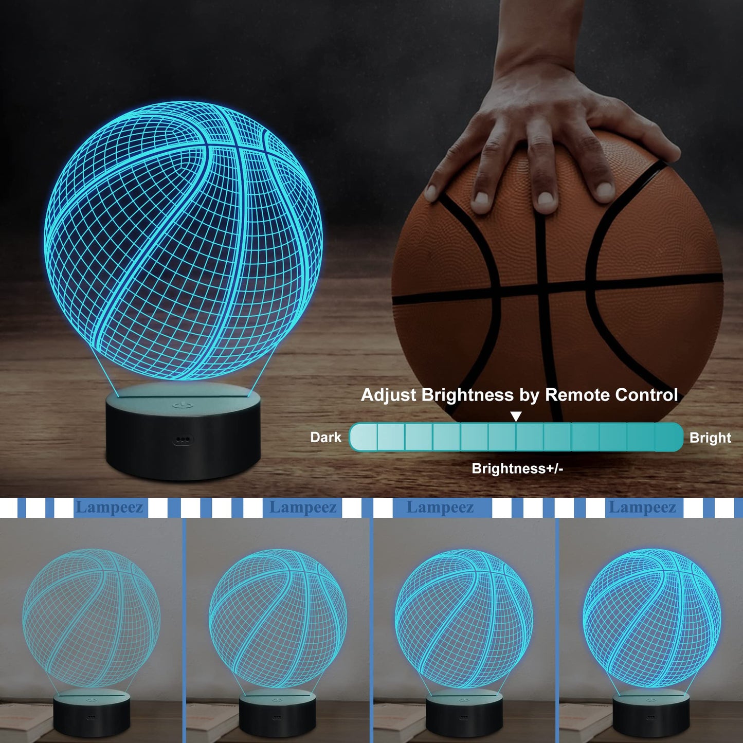 Lampeez Basketball Night Light Kids 3D Optical Illusion Lamp with 16 Colors Changing Remote Control Birthday Xmas Valentine Gifts Idea for Sport Fan Boys Girls