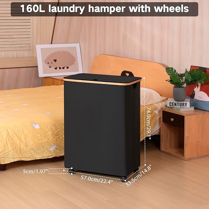 Lagre Laundry Basket with Wheels, Laundry Hamper with Lid, 160L Clothes Hamper