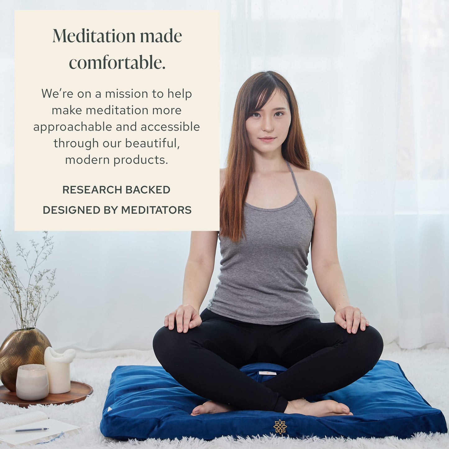 Mindful & Modern Meditation Cushion and Zabuton Meditation Mat Bundle - Premium Luxury Velvet Meditation Cushion Set for Yoga - Buckwheat Zafu Floor Pillow and Rectangular Mat - Royal Navy Color