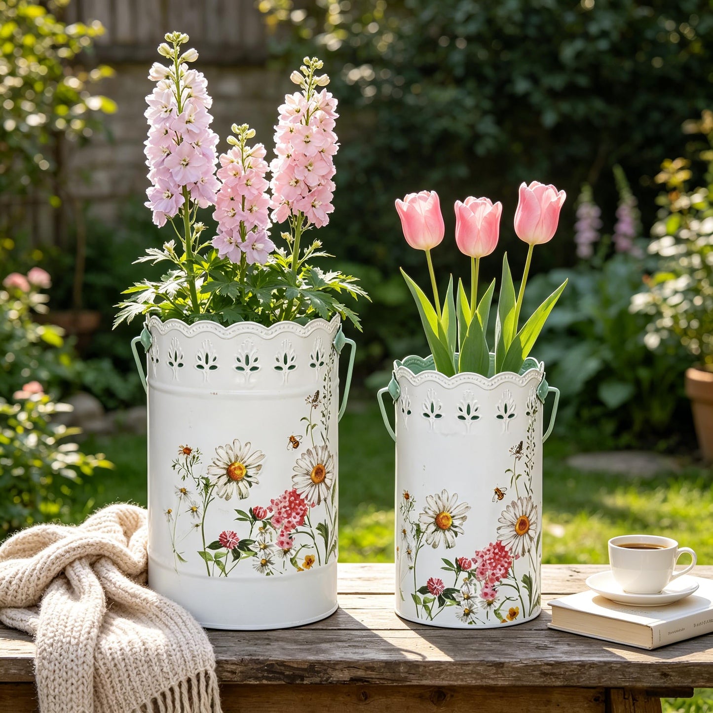 Zorvynelle Set of 2 Rustic White Metal Flower Pots, Decorative Floral Buckets Farmhouse Iron Vases Planters for Dried Flowers, Faux Plants, Home Garden Decor