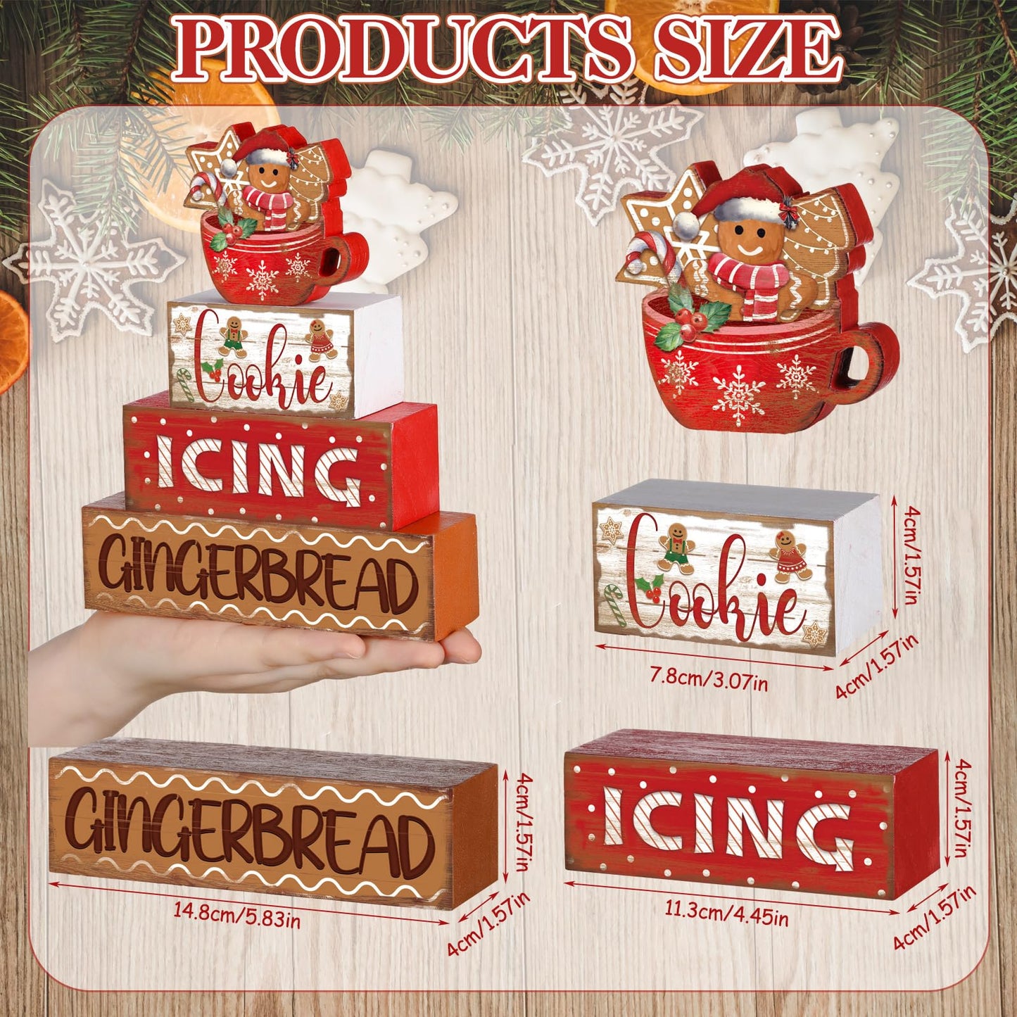 Moucuny 4 Pcs Christmas Gingerbread Man Table Sign Christmas Cup Wooden Decorative Signage Xmas tiered Tray Decor Winter Centerpieces Farmhouse Wooden Block Set Xmas Table Sign for Home