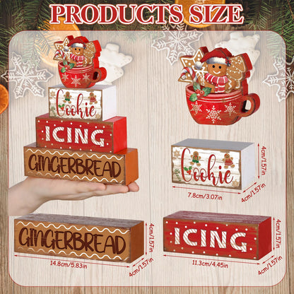 Moucuny 4 Pcs Christmas Gingerbread Man Table Sign Christmas Cup Wooden Decorative Signage Xmas tiered Tray Decor Winter Centerpieces Farmhouse Wooden Block Set Xmas Table Sign for Home