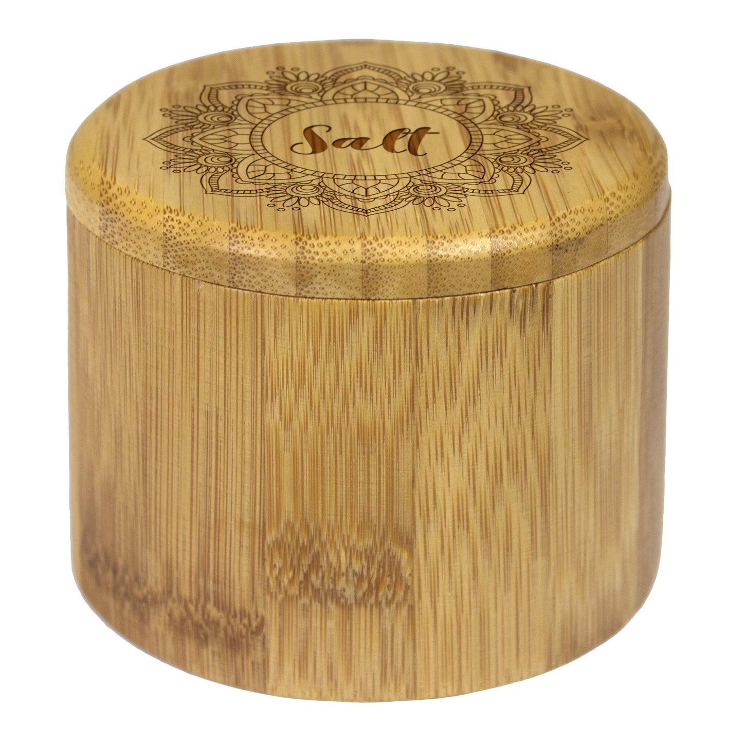 Totally Bamboo Salt Cellar Bamboo Storage Box with Magnetic Swivel Lid, 6 Ounce Capacity, Mandala Flower Engraved on Lid