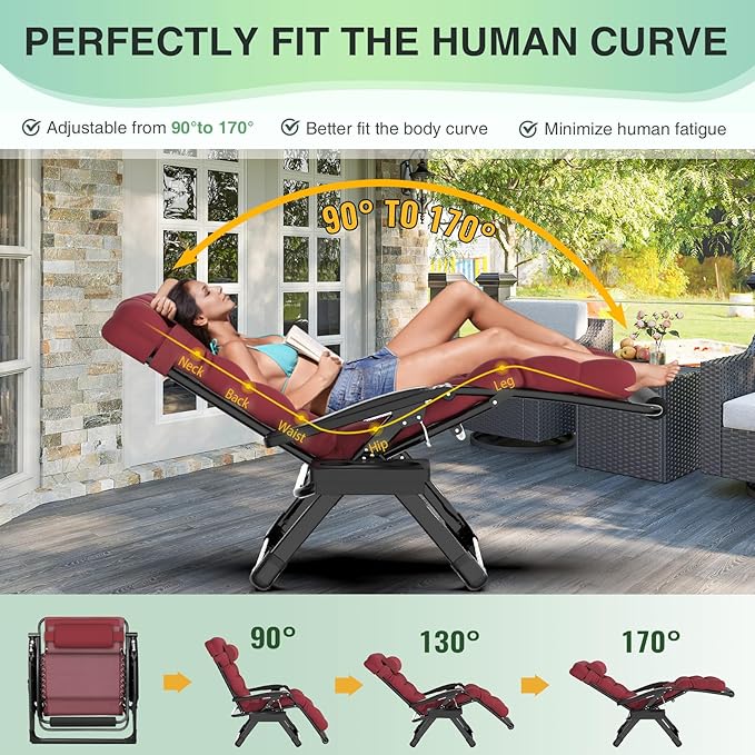 Suteck Oversized Zero Gravity Chair,33In XXL Outdoor Recliner Chair w/Removable Cushion&Headrest, Camping Lounge Chair w/Upgraded Lock&Footrest, Reclining Patio Chairs for Indoor Outdoor,500LBS