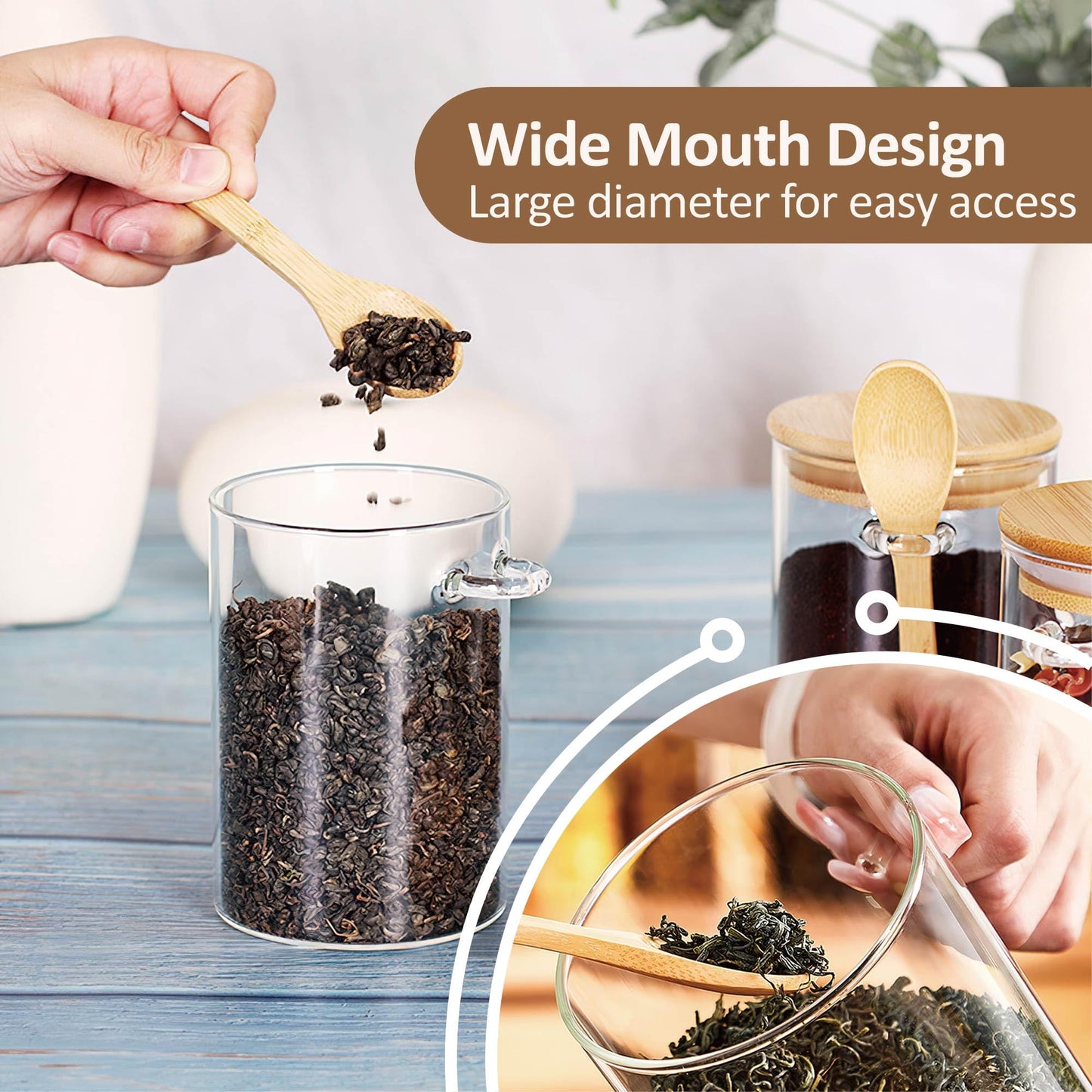 MOLADRI 2 Pack Glass Storage Canister with with Airtight Lid, 15 oz/450 ml Small Clear Decorative Container Jar with Wooden Spoon for Coffee Spice Candy Salt Cookie Sugar Matcha Tea Overnight Oats