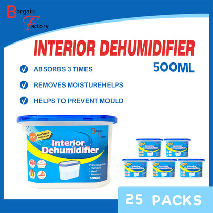 Bargain Factory Dehumidifier 500ml Pack of 25 Condensation Remover Moisture Absorber Dehumidifiers for Damp, Mould, Moisture in Home, Kitchen, Bedroom, Caravan, Office, Garage, Bathroom, Basement
