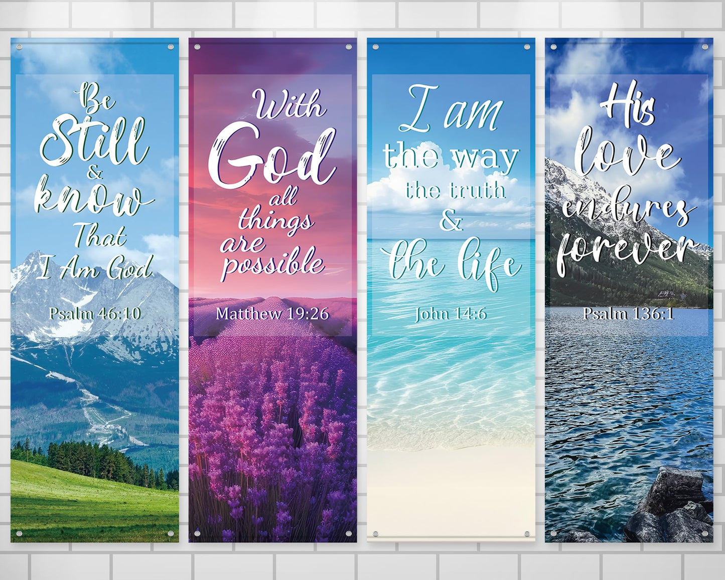 4Pcs Church Banners for Sanctuary Wall Welcome Inspirational Religious Banners Hanging Backdrop Scenic Pattern Church Banner with Scripture Bible Verses Exquisite Banner for Church School Decor