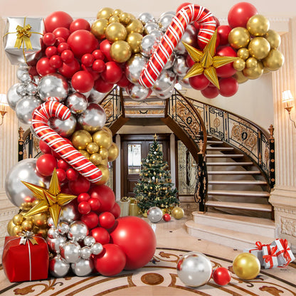 Bonropin Christmas Balloon Garland Arch Kit - Xmas Red Gold Silver Candy Cane Balloons Gift Box Starburst Balloons for New Year Winter Christmas Party Decorations