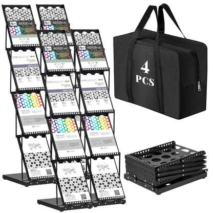 Tatuo 4 Pieces Foldable Magazine Rack Metal Catalog Literature Rack Portable 4 Pockets with Carrying Bag Brochure Stand Literature Display Holder Stand for Exhibition Trade Show