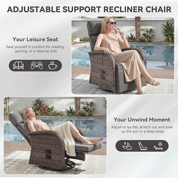Zero Gravity Patio Swivel Rocking Recliner Chairs Set of 2 - Wicker Outdoor Lounge Chair with Adjustable Backrest & Footrest, All Weather Reclining Rocker Chairs with Thick Cushion for Pool Deck Grey