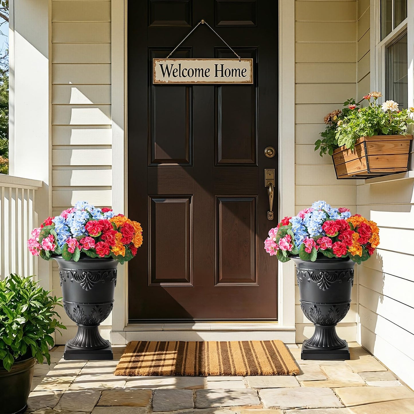 VeriNatural Classic Traditional Plastic Urn Planter, 15"x13" Flower Pots for Indoor Outdoor,Plant Pots for Porch Decor,Set of 2