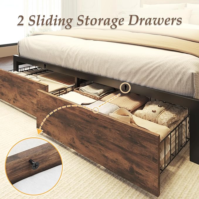 Lifezone Full Bed Frame with 2-Tier Storage Headboard, Metal Bed Frame with