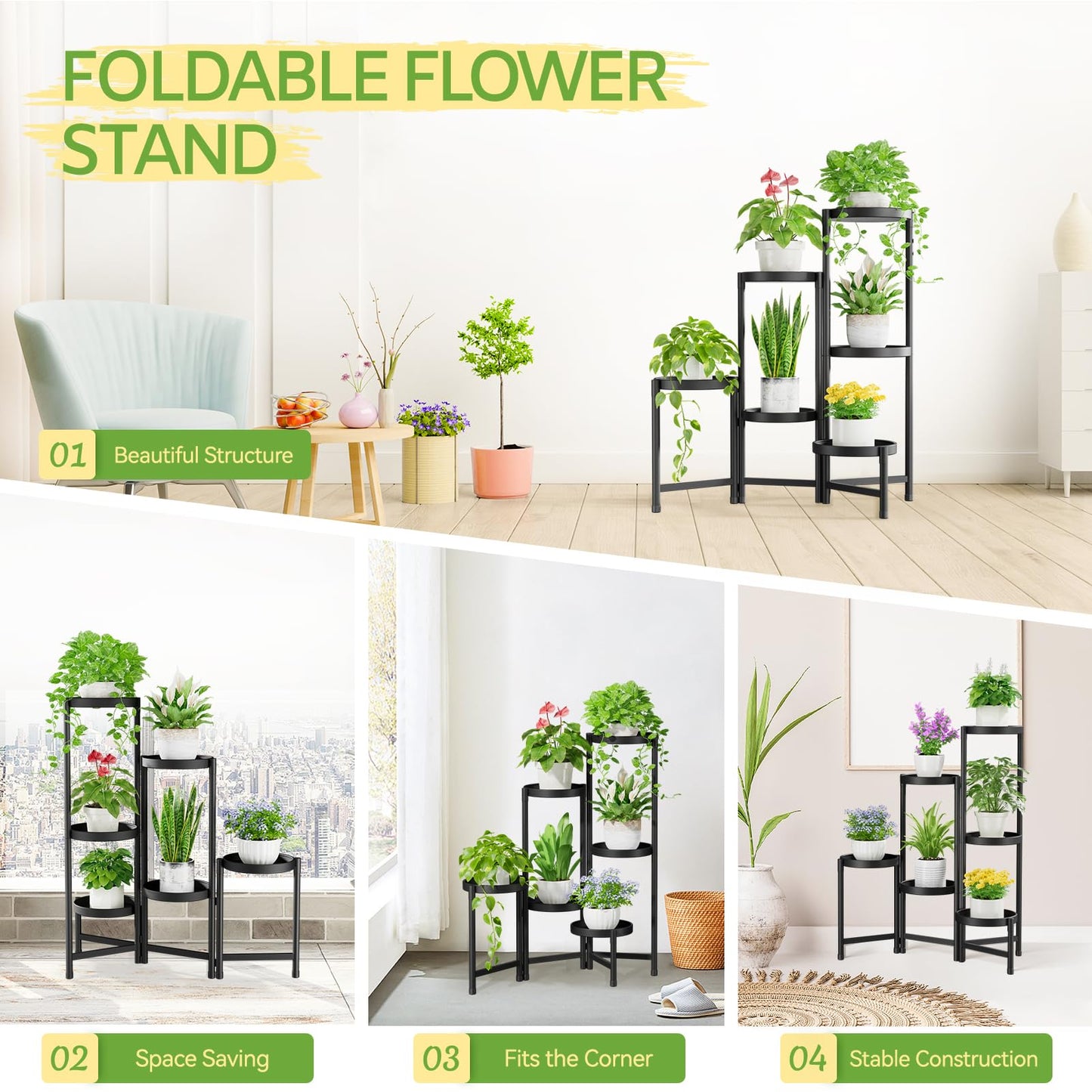 iDavosic.ly Plant Stand Indoor Outdoor, 6 Tier Corner Metal Flower Display Holder Shelf, Folding Tall Orchid Rack for Patio Balcony Porch Garden Living Room House, Black