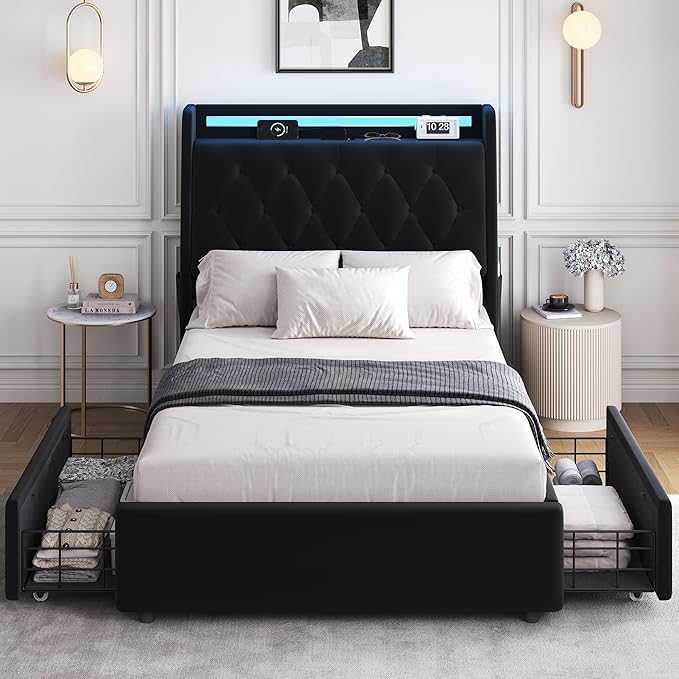 Twin LED Velvet Bed Frame with 2 Storage Drawers&Hidden Headboard, Upholstered
