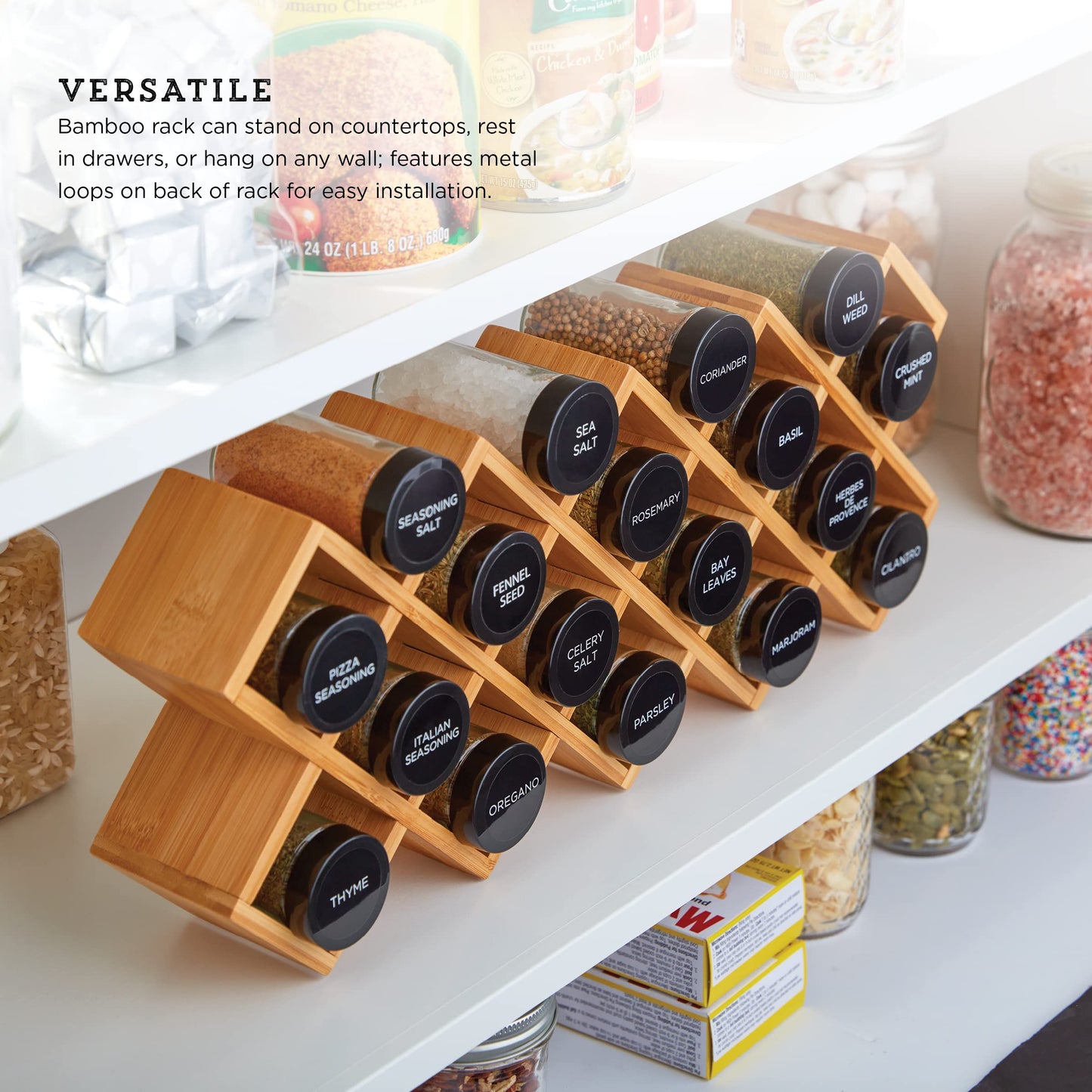 Kamenstein Criss Cross 18 Jar Bamboo Spice Rack with Spices Included - Countertop, Drawer, or Wall Mount Organizer with Refill Program