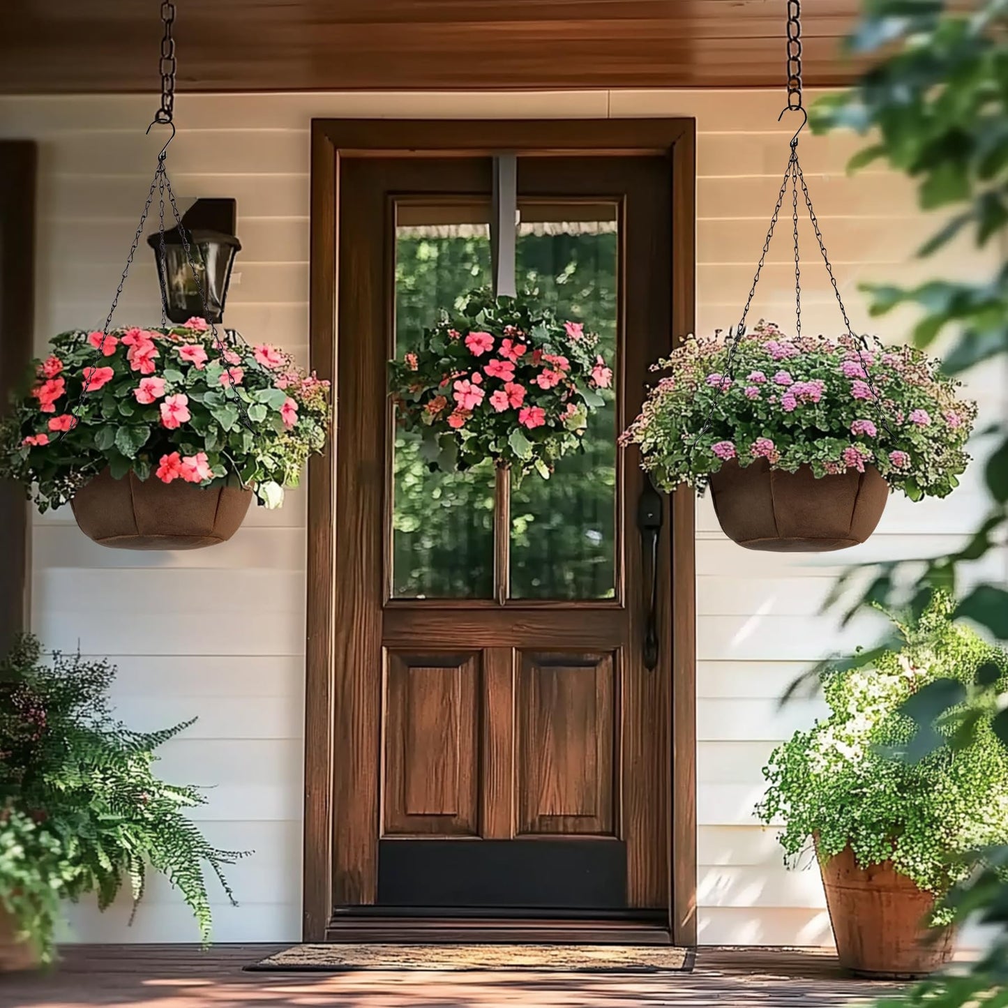 T4U Hanging Planters for Outdoor Plants, 3 Pack 10 Inch Hanging Baskets for Plants Outdoor with Rustproof Chain, Fabric Hanging Pots for Plants, Hanging Planter for Balcony Porch Deco, Brown