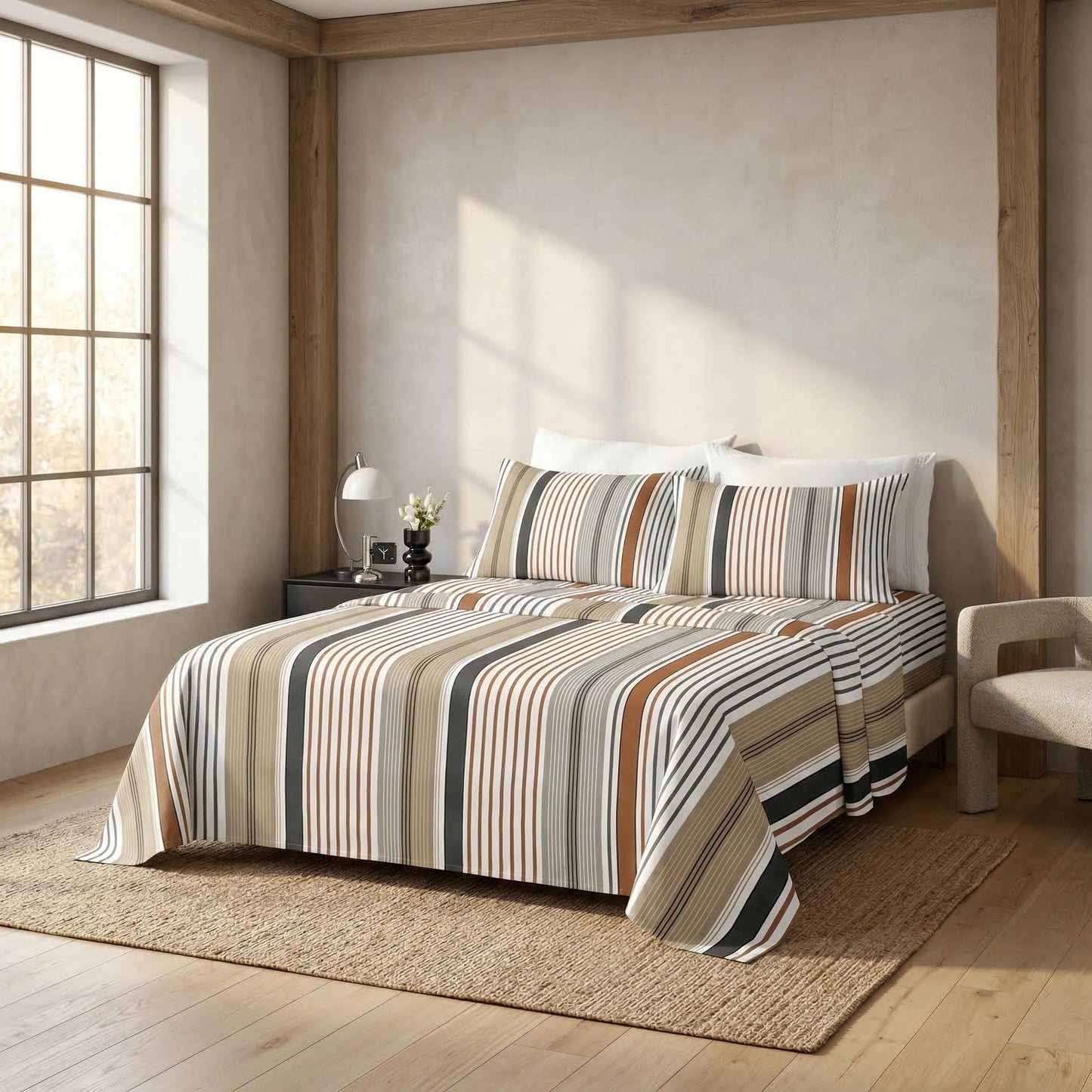 HCORA Striped King Sheet Set, Ultra Soft Double Brushed Microfiber Bed Sheets, Deep Pocket, Breathable, Wrinkle Resistant, Easy Care, 4PC, King
