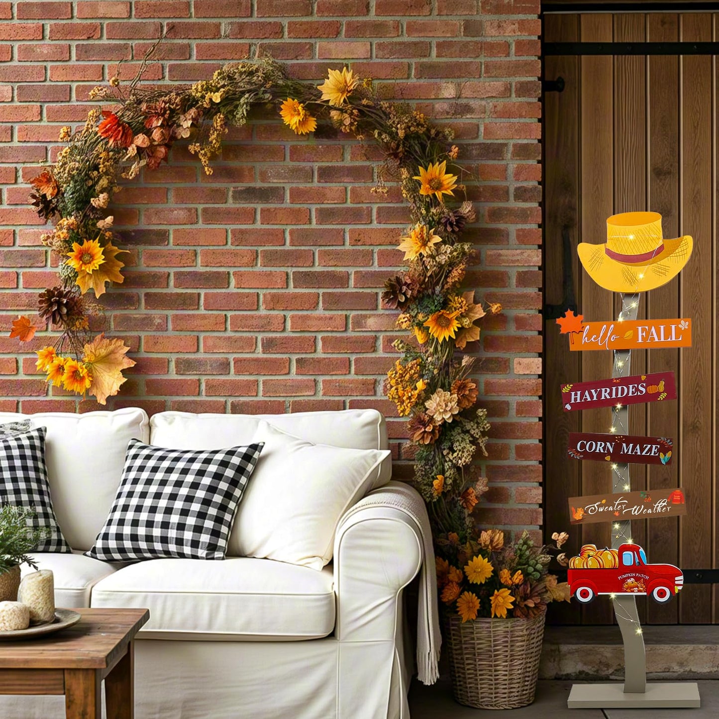 Lighted Wood Hello Fall Porch Sign,Fall Welcome Porch Decor,Autumn Maple Pumpkin Truck Sweater Weather Standing Wooden Signs for Harvest Thanksgiving Decor