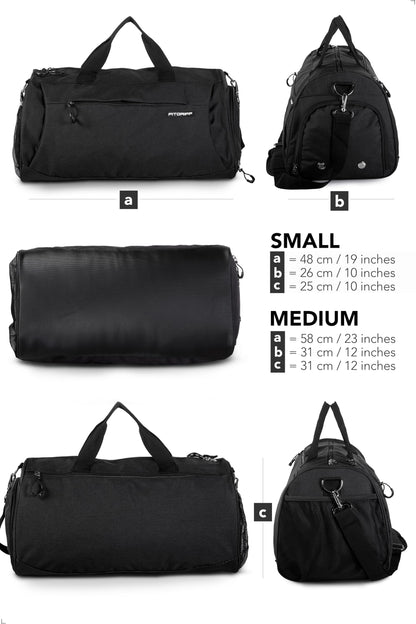 Fitgriff® Gym Bag for Men & Women with Shoe & Wet Compartment - Duffle Bag for Travel, Sports, Fitness & Workout (Full Black, 19 x 10 x 10″ (Small))