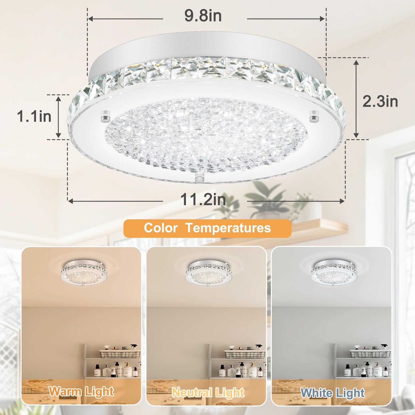 DHK wot Crystal Ceiling Light Fixture Modern Crystal Light Fixtures Ceiling Mount for Bathroom, Hallway, Porch, Laundry Room, Cloakroom, 11", 3000/4000/5000K, LED, Dimmable