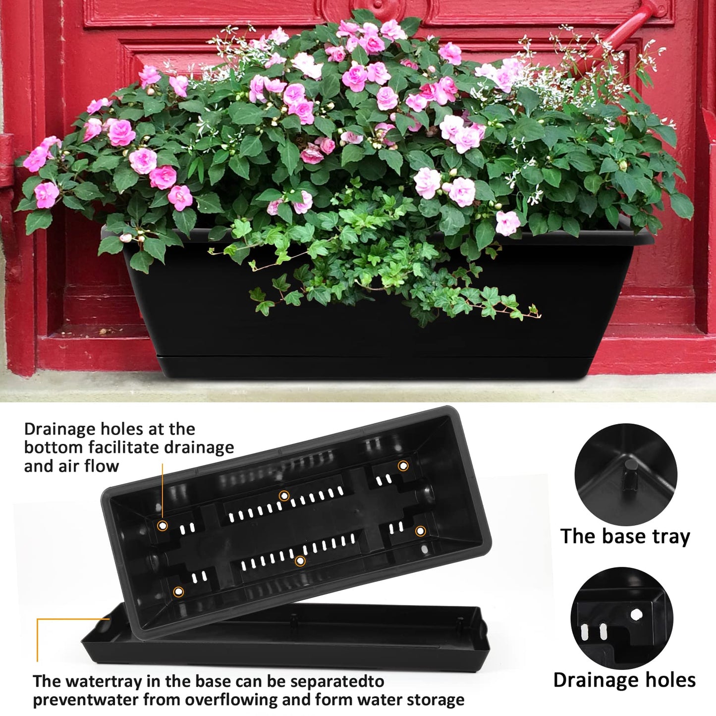 8pcs Window Box Planter,17 Inches Flower Window Boxes,Rectangle Planters Box with Drainage Holes and Trays, Plastic Vegetable Planters for Windowsill Patio Garden Home Decor Porch Yard (Black)