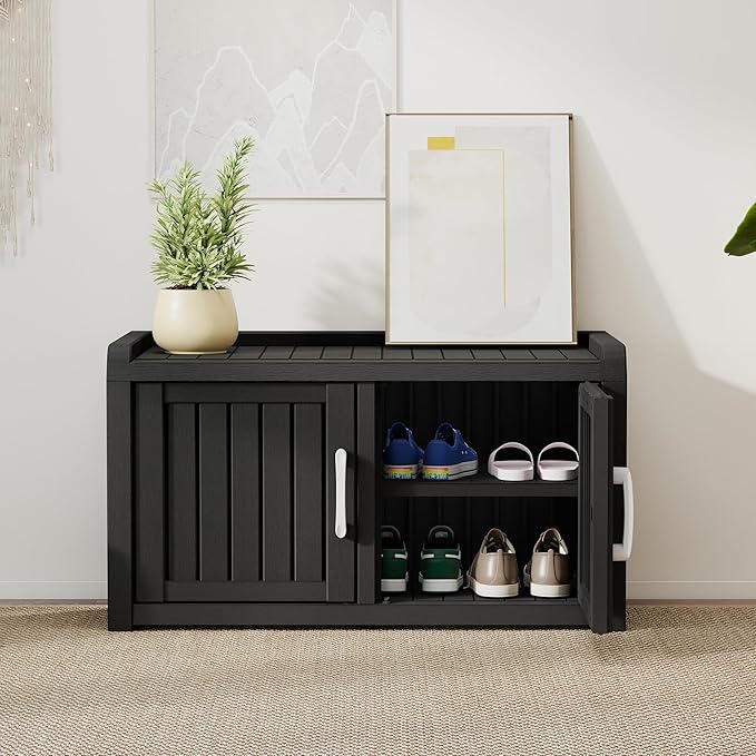 2-Tier Storage Bench, Waterproof UV-Resistant Outdoor Shoe Storage Cabinet with 2 Doors & Adjustable Shelves for Indoor Outdoor Entryway, Hallway, Living Room (Raven Black)