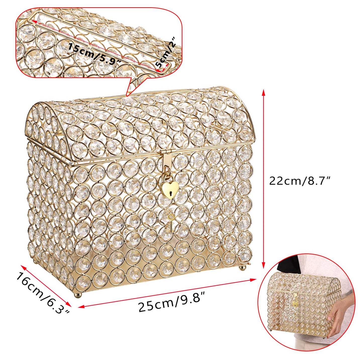 ELLDOO Crystal Wedding Card Box with Heart Lock, Money Card Box Treasure Chest Style Gold Gift for Wedding Receptions Centerpiece Decor Anniversary Keepsake Gift Display Csae, Medium