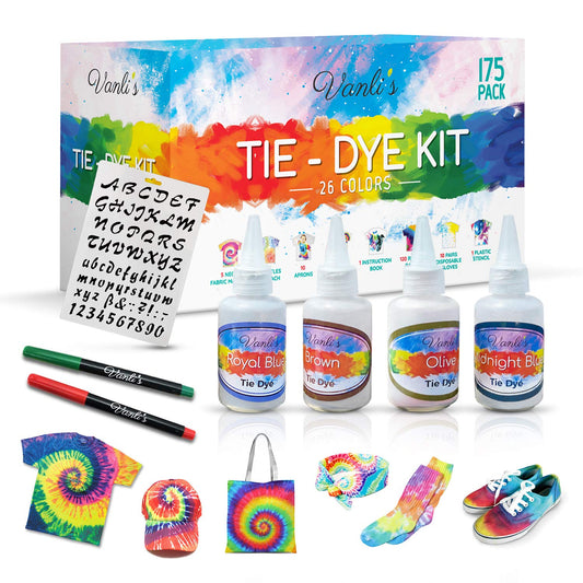 26 Colors Tie Dye Kit for Kids and Adults, 5 Fabric Markers, Plastic Stencil for DIY Fabric Dye Projects. 175 Pack Party Tie Die Supplies with Aprons, Gloves, Rubber Bands and Plastic Table Covers