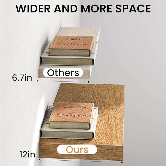 36Inch Oak Floating Shelves for Wall, 12 Inch Deep Shelves for Bedroom