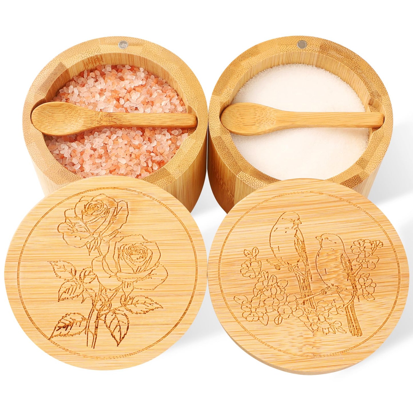 Timtopno Salt Cellar, 2PCS Salt Container Bamboo Salt and Pepper Box for Countertop with Built-in Spoon & Swivel Lid, Spice Seasoning Storage Bowl, Elegant Salt Holder (Rose & Bird Engraving)