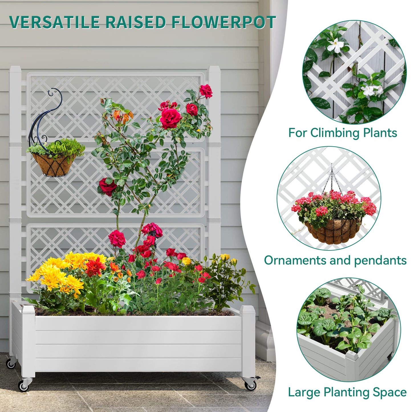YITAHOME 43.3x17.7x61 in Planter Boxes Outdoor with Trellis, Resin Raised Garden Bed with Wheels & Drain Plug for Climbing Plants, Weather-Resistant Design Elevated Garden Bed with Trellis, White