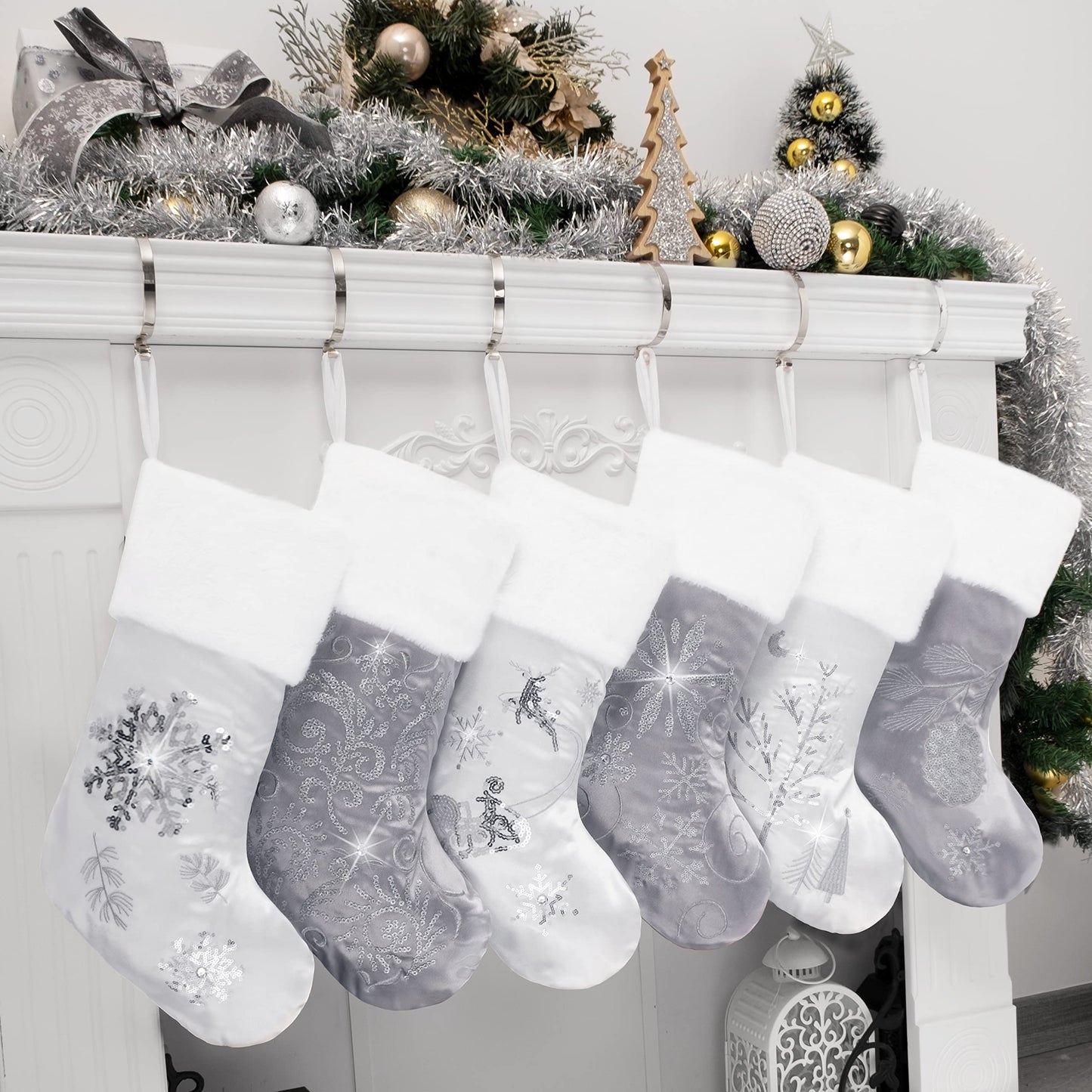 GEX Christmas Stockings 6 Pack for Family 20" Large Silver Gray Satin with Sequins Faux Fur Rhinestones Embroidered Classic Luxury Fireplace Tree Decorations Ornament for Xmas Season (Set of 6)