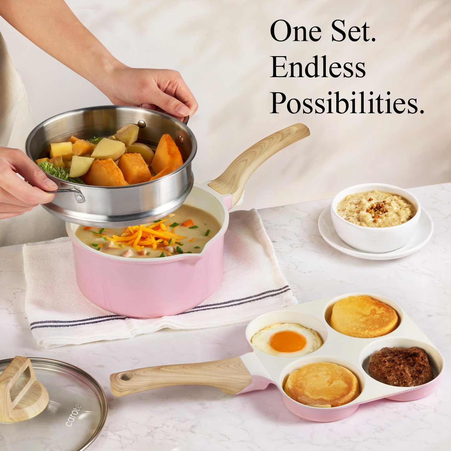 CAROTE 21 PCS Ceramic Cookware Set, Pots and Pans Set Non Stick, Pot and Pan Set with Frying pan, Induction Ready Cooking Set for Kitchen, PFOS/PFOA/PFAS Free, Pink